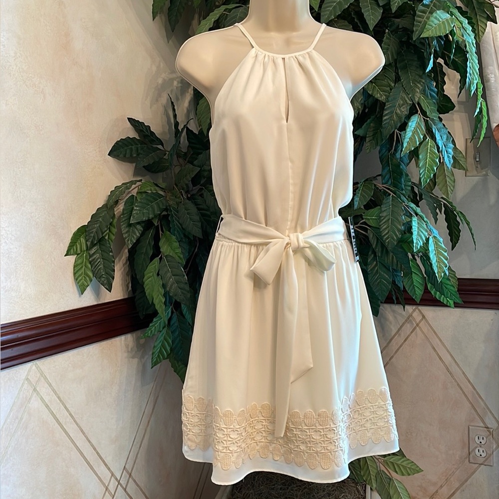 EXPRESS CREAM CROCHET LACE HEM DRESS